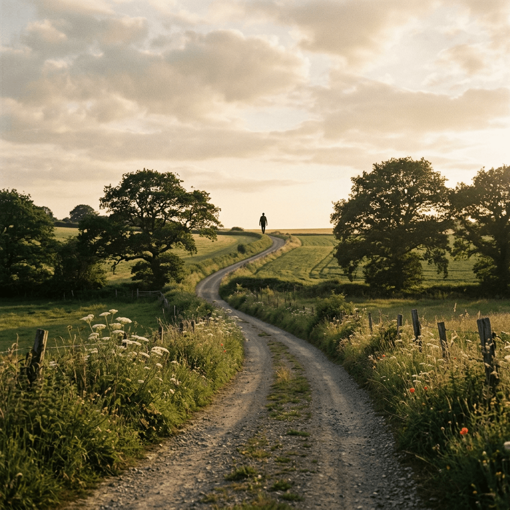Person walking alone on a winding dirt road through green fields with trees at sunset