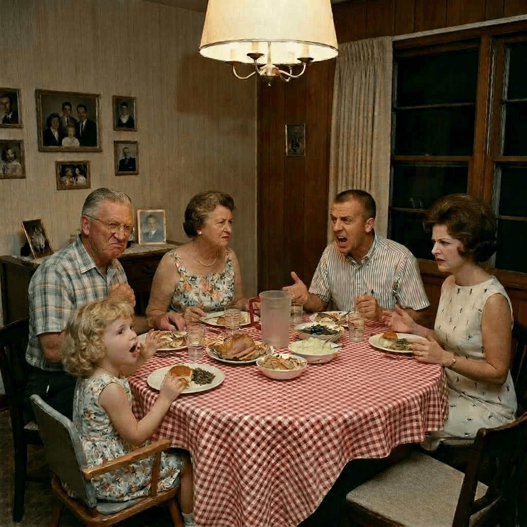 Six family members sitting around a dining table sharing a meal with plates of food and glasses of water.