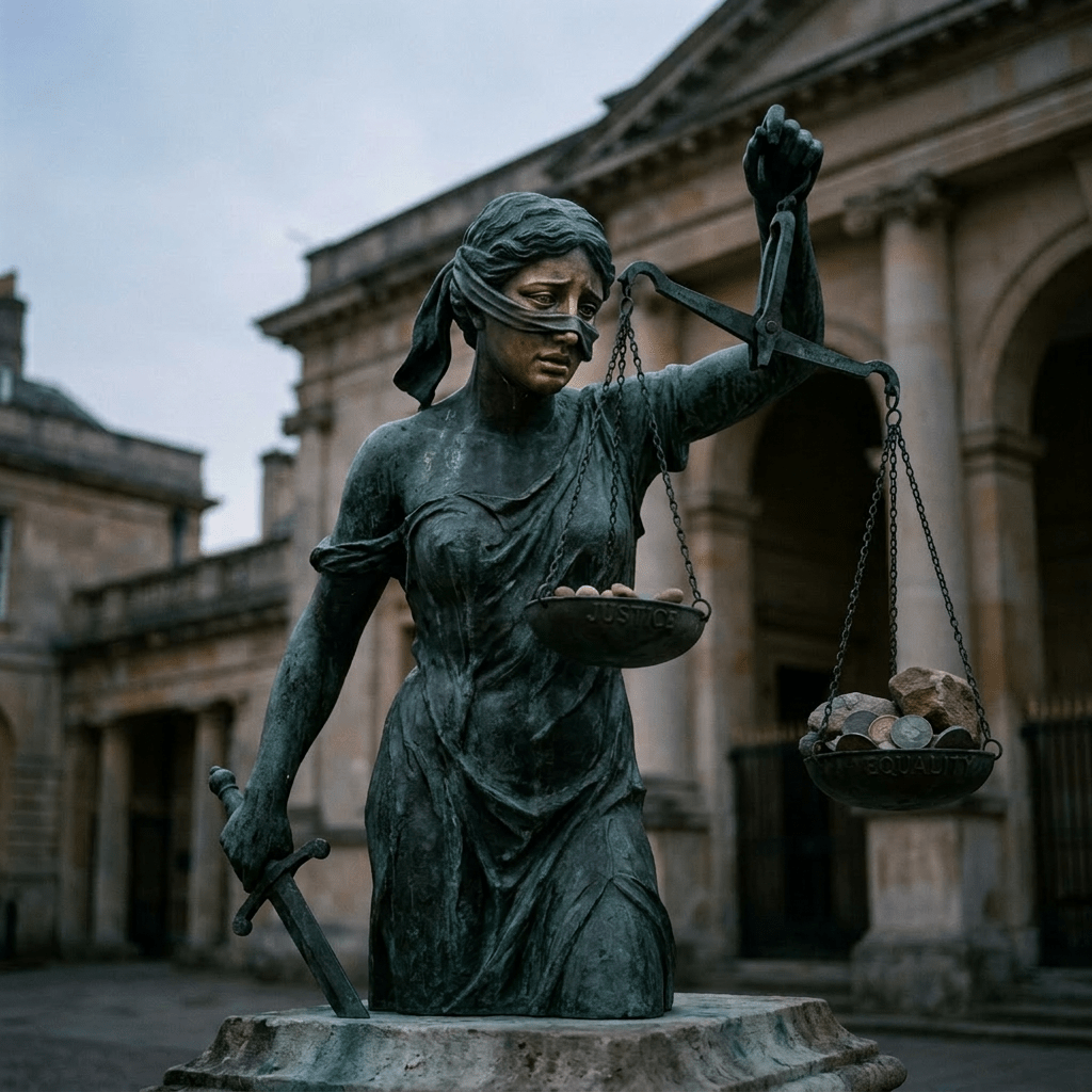 Blindfolded Lady Justice statue holding a sword and balancing scales with stones and coins