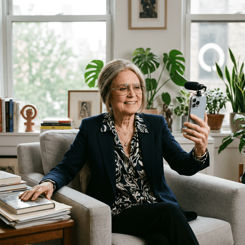 Woman recording herself with a smartphone and attached microphone