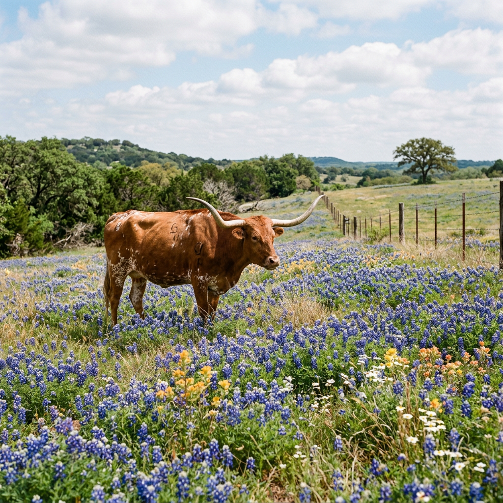 Texas Longhorn standing in a field of bluebonnets and wildflowers